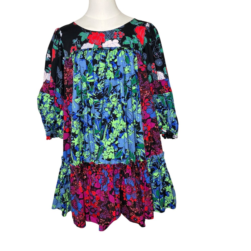 Free People Prairie Field Mini Dress Floral Patchwork Cotton Boho Size L